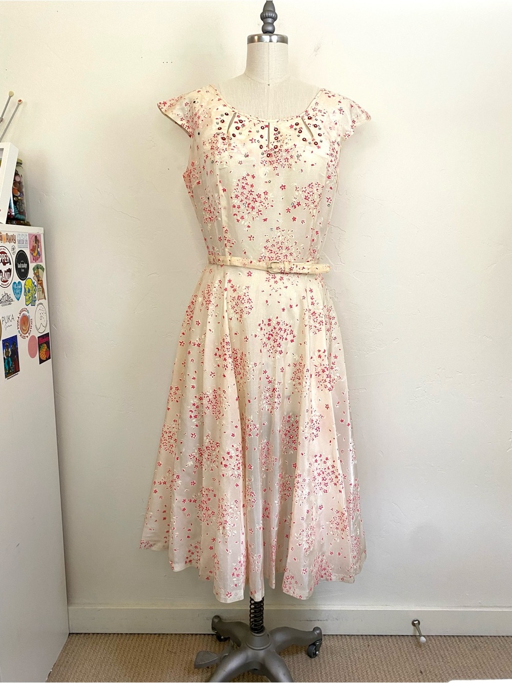 Vintage L/XL Midi Dress Movie Costume Rhinestone Sheer Taffeta Woody Allen Movie